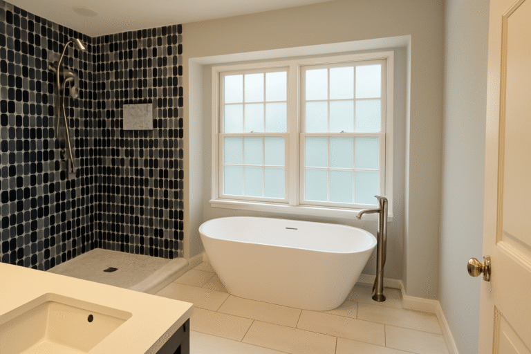 Modern bathroom remodel in Northern Virginia by Veteran Built Homes featuring a walk-in shower with dark mosaic tile wall, built-in niche, freestanding soaking tub beneath large frosted windows, and neutral tile flooring for a clean, contemporary look.