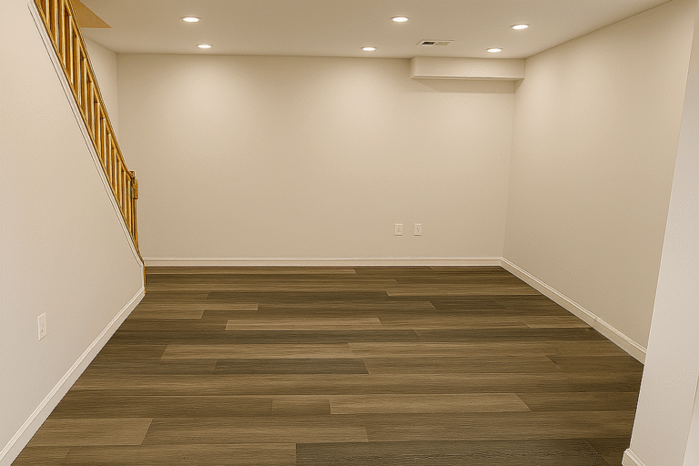 Finished basement remodel in Northern Virginia by Veteran Built Homes featuring recessed lighting, light grey painted walls, wood-look vinyl plank flooring, and modern staircase design.