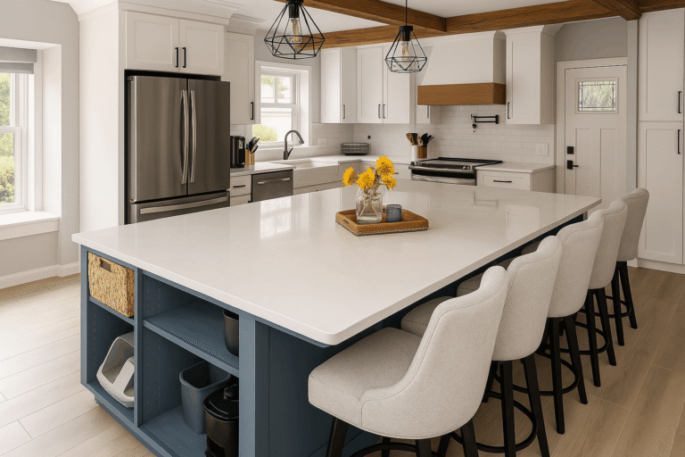 Bright and modern kitchen remodel in Northern Virginia by Veteran Built Homes, featuring a large white quartz island with built-in open shelving, white shaker cabinets, stainless steel appliances, wood beam accents, and contemporary pendant lighting over a spacious eat-in bar.