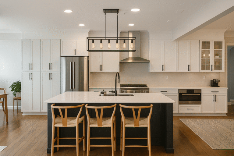 Spacious modern kitchen remodel in Northern Virginia by Veteran Built Homes, featuring white shaker cabinets, stainless steel appliances, large center island with black base, quartz countertops, and pendant lighting.