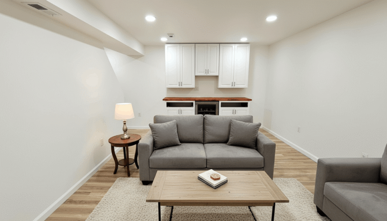 A basement kitchenette. A gray loveseat with pillows sits on a white rug in front of a wood coffee table. A side table with a lamp sits to the left of the loveseat. A counter with a beverage fridge and white cabinets is visible in the background.