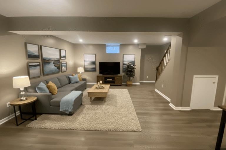 An interior shot of a finished basement living room. There is a gray sectional sofa with throw pillows and a blanket on a light-colored rug. In front of the sofa is a wooden coffee table with candles. To the left of the sofa is a round side table with a lamp. On the back wall, there's a TV on a media console, flanked by framed pictures and a potted plant. More framed art hangs on the left wall. A staircase is visible on the right, and a white door is at the far right.