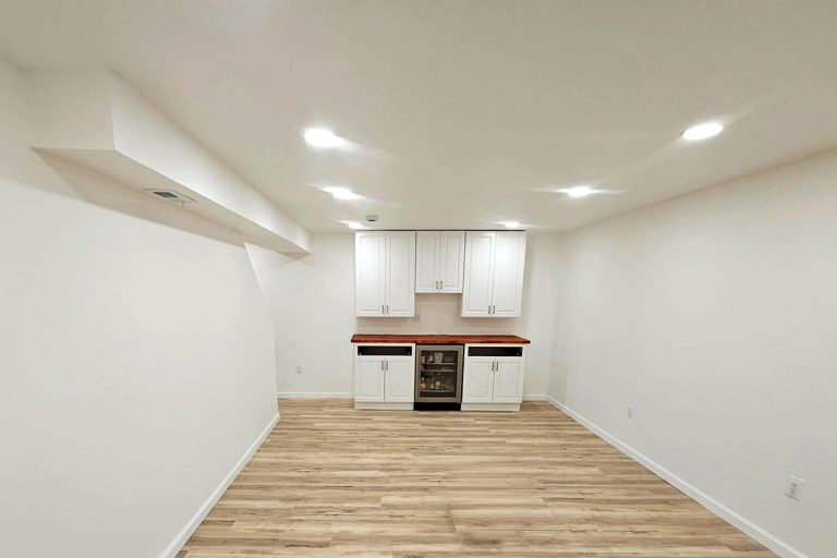 New kitchenette and open concept basement renovated by Veteran Built Homes in Springfield, Virginia