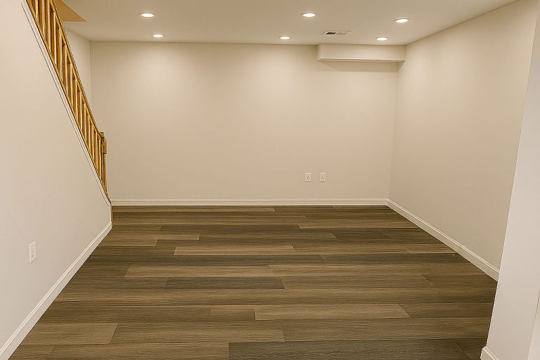 Finished open basement in tan tones remodeled by Veteran Built Homes in Alexandria, Virginia