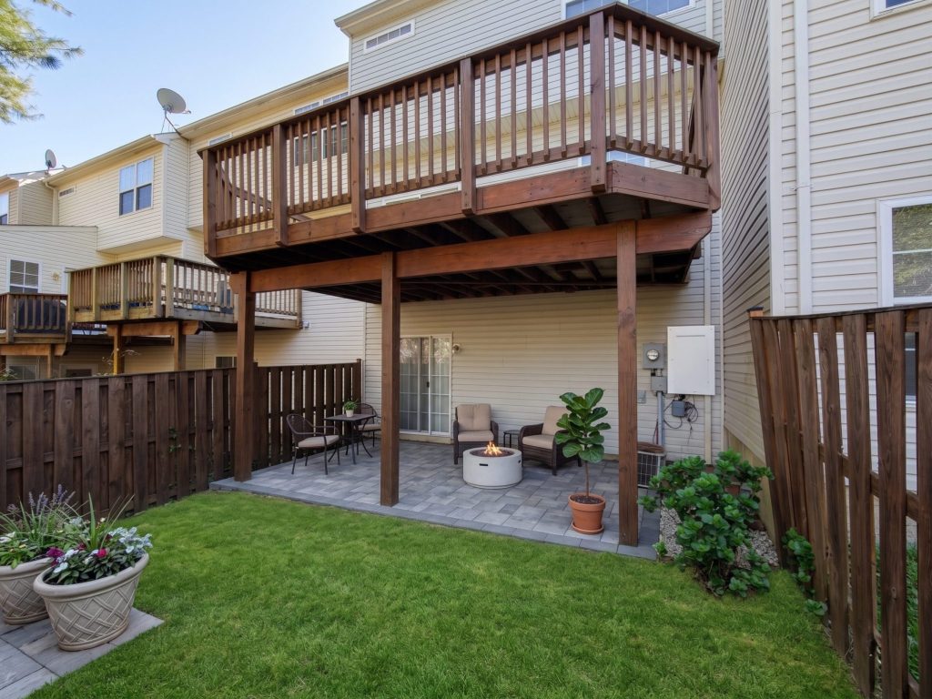A second story deck on the back of a townhome in Vienna, Virginia built by Veteran Built Homes