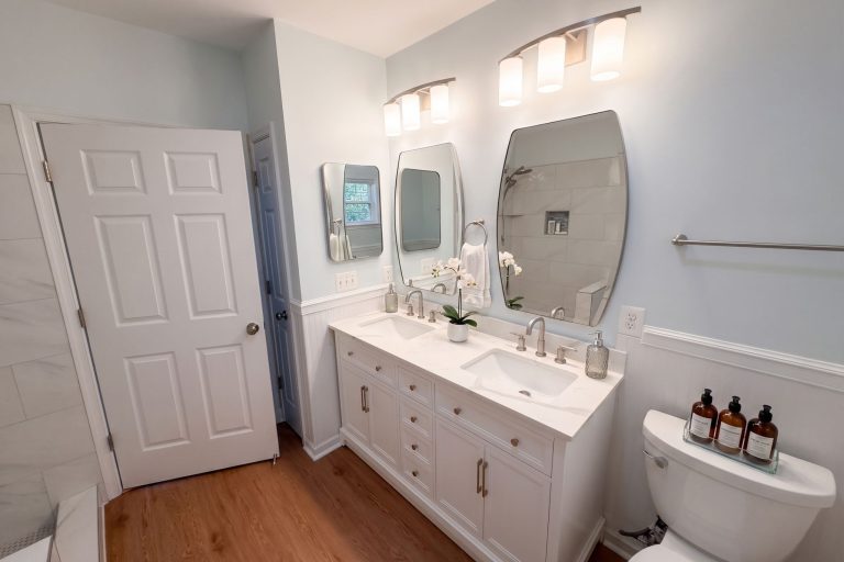 A professional interior photograph of a modern, bright bathroom with a white double vanity, rectangular mirrors, light blue walls, white wainscoting, and a wood floor.