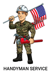 Military man holding an American flag and large wrench with Handyman Service underneath